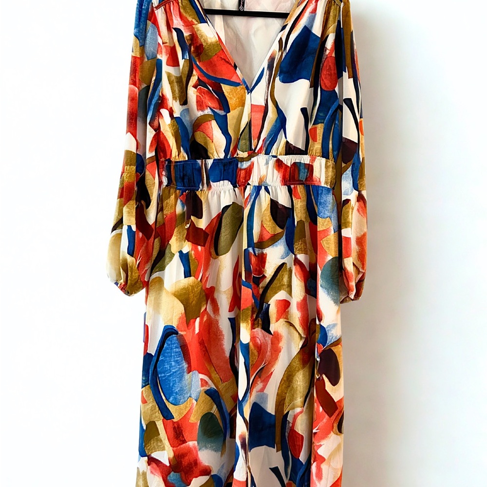 Women’s Abstract Boho Dress Long Sleeve Wrap V neck, Ruffle A - Line Maxi Dress